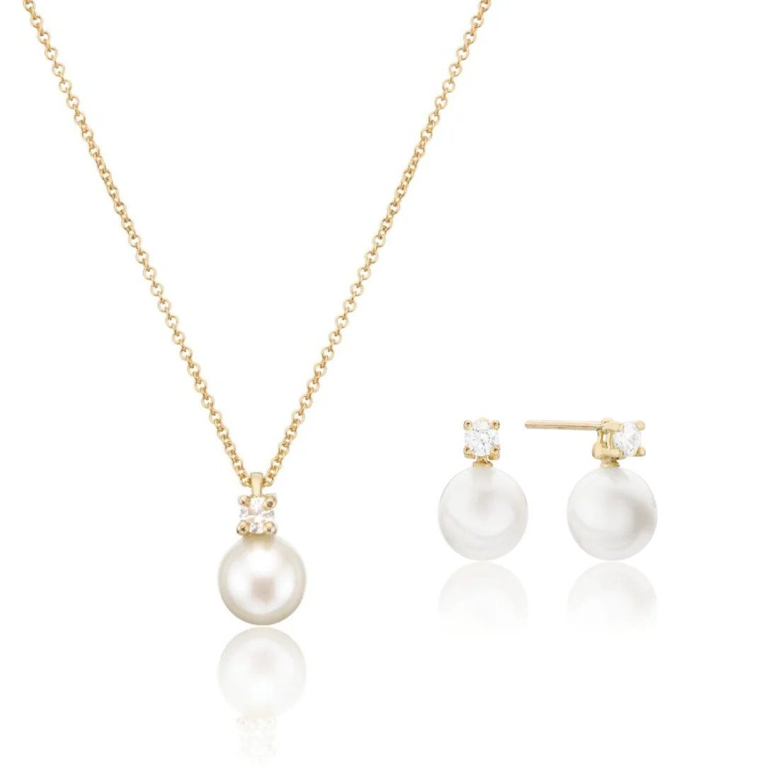 Gold Diamond Style and Pearl Stud Earrings and Necklace Gift Set