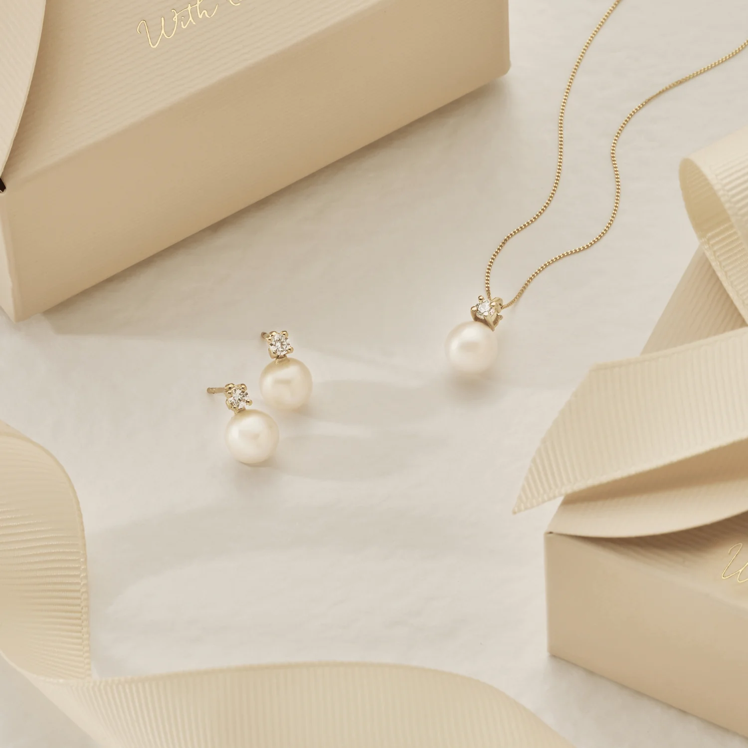 Gold Diamond Style and Pearl Stud Earrings and Necklace Gift Set - Image 4