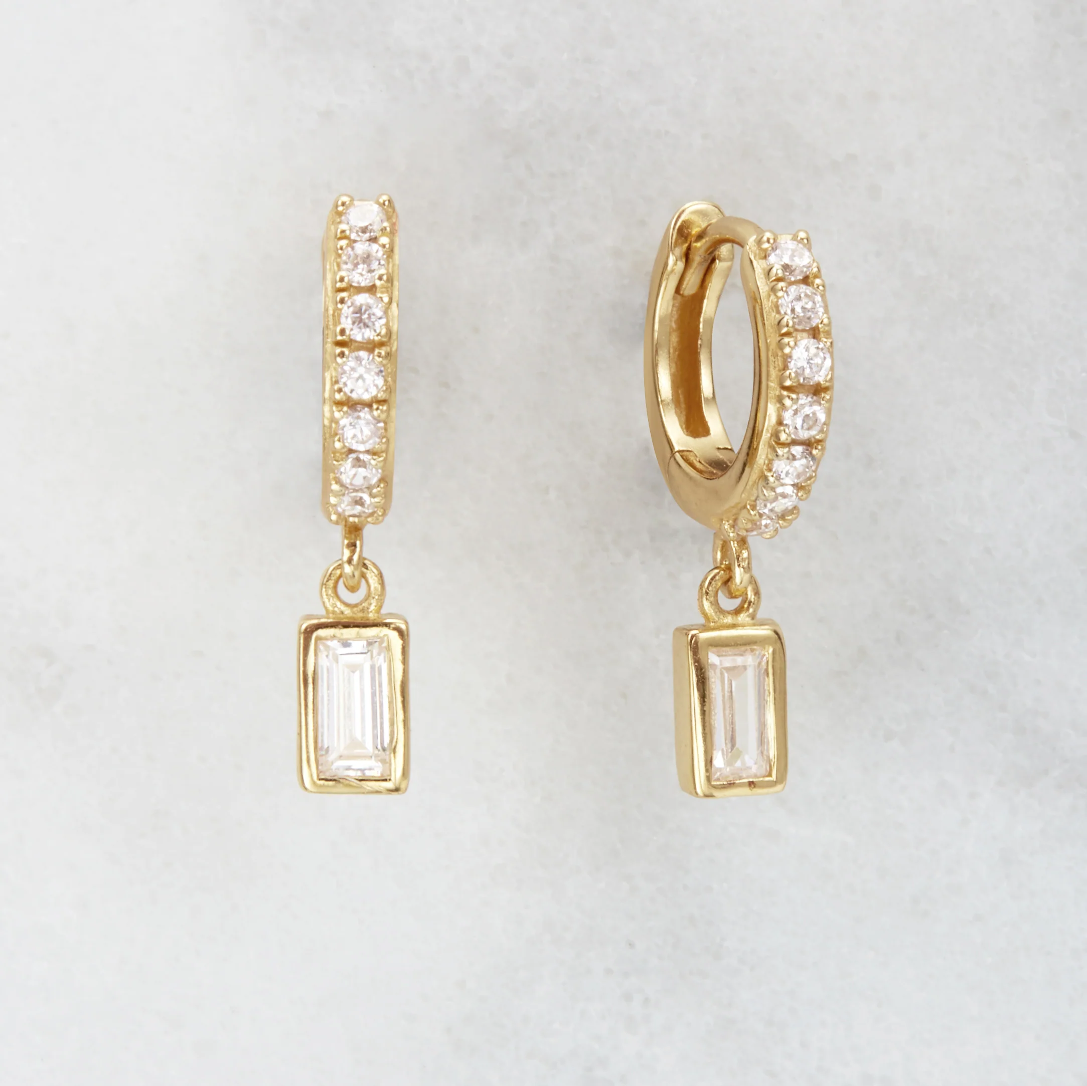 Gold Diamond Style Baguette Drop Huggie Hoop Earrings - Image 4