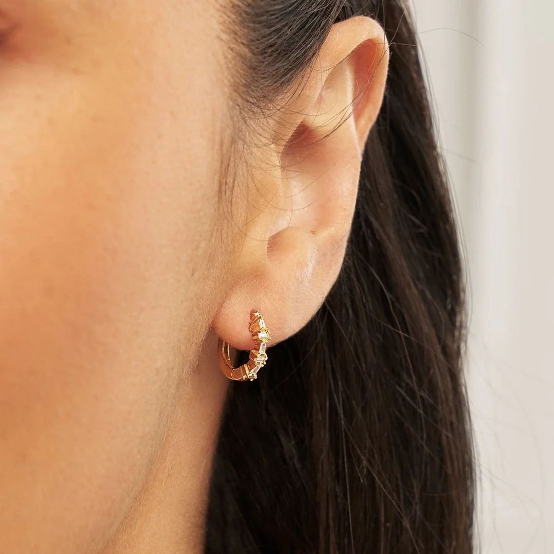 Gold Diamond Style Baguette Huggie Hoop Earrings - Image 3