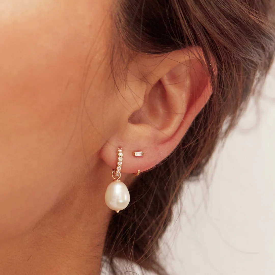 Gold Diamond Style Baguette Lobe Hoop Earrings - Image 5