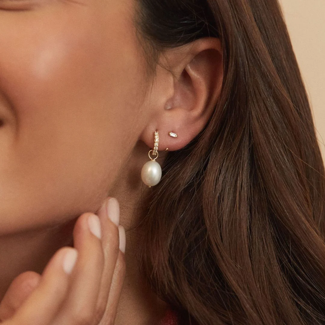 Gold Diamond Style Baguette Lobe Hoop Earrings - Image 7