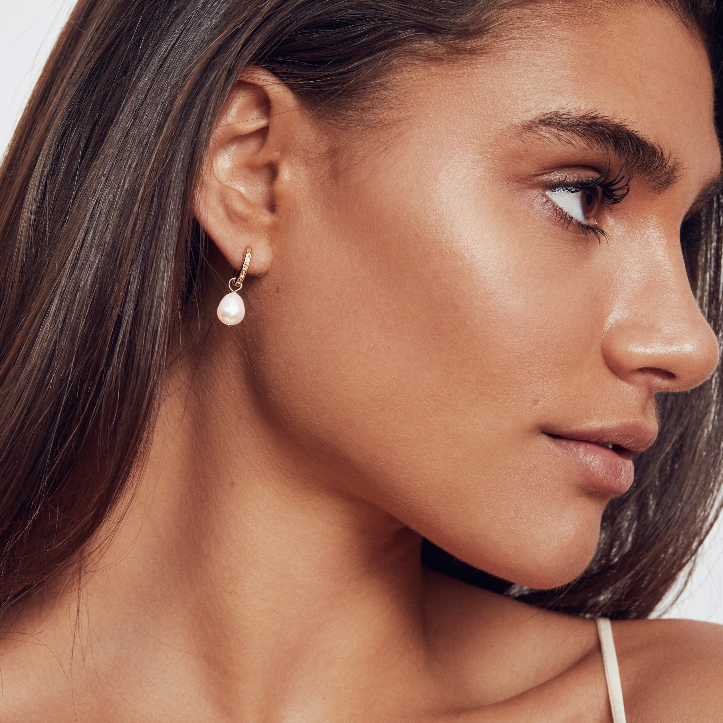 Gold Diamond Style Baguette Pearl Drop Hoop Earrings - Image 4
