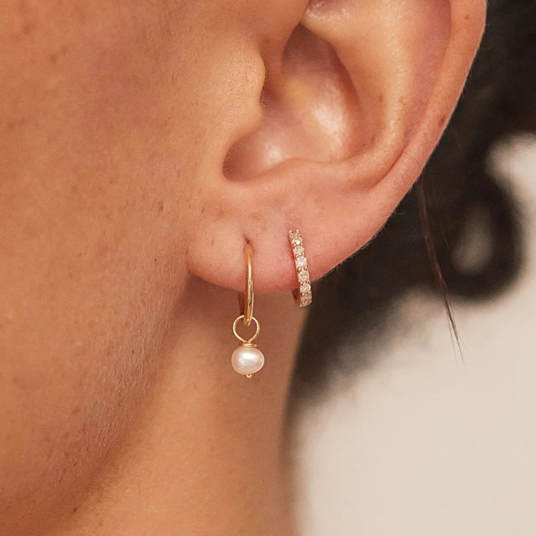 Silver Diamond Style Huggies and Small Pearl Drop Hoop Earrings Gift Set - Image 2
