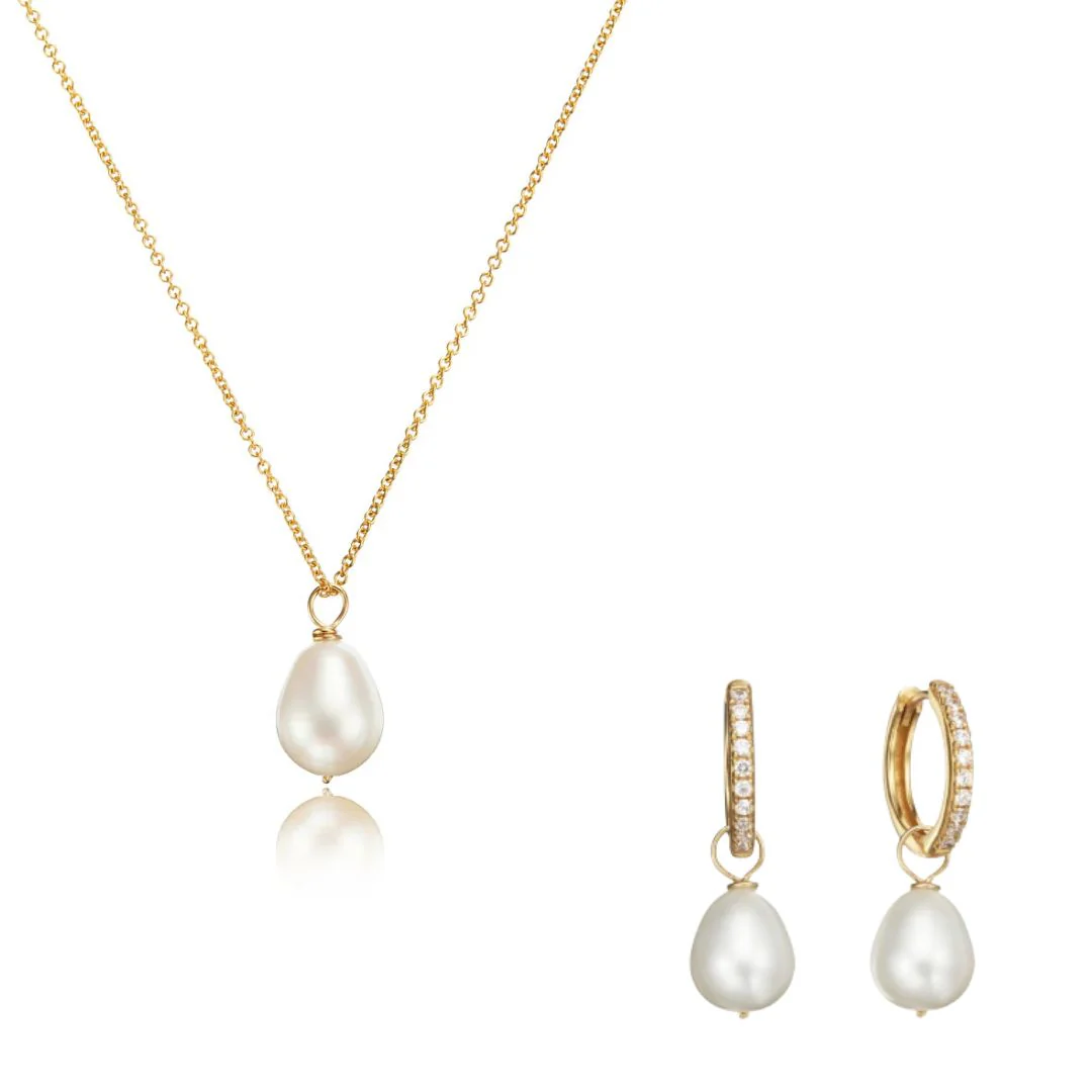 Gold Diamond Style Large Pearl Hoops and Large Pearl Necklace Gift Set
