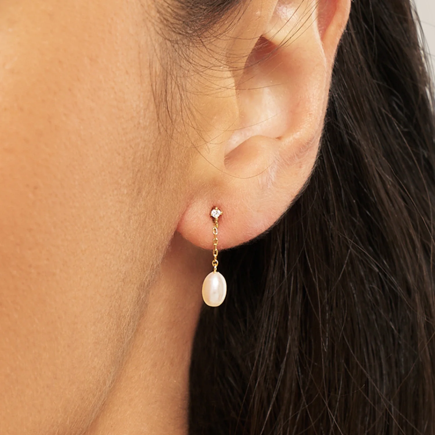 Gold Diamond Style Pearl Drop Stud Earrings - Image 2