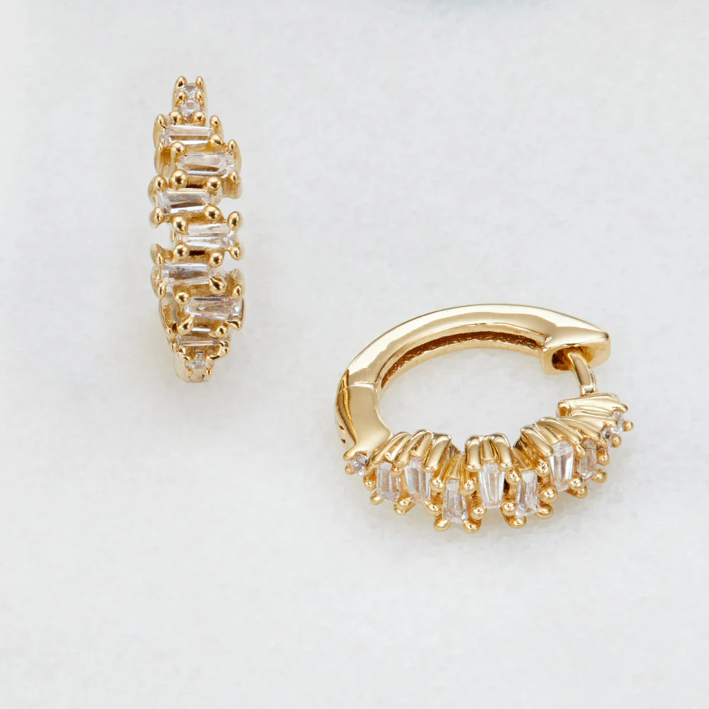 Gold Diamond Style Stacked Baguette Huggie Hoop Earrings - Image 5