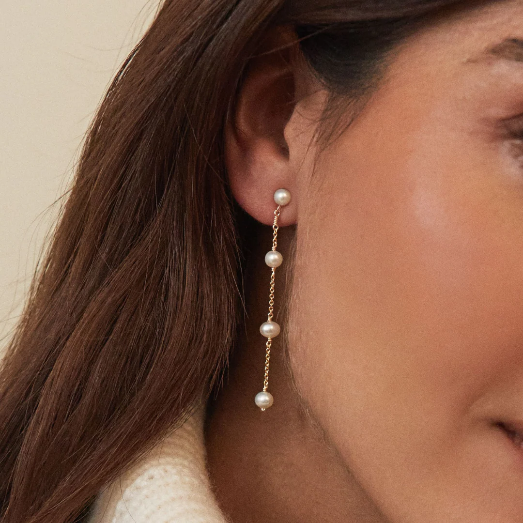 Gold Four Pearl Drop Earrings - Image 2