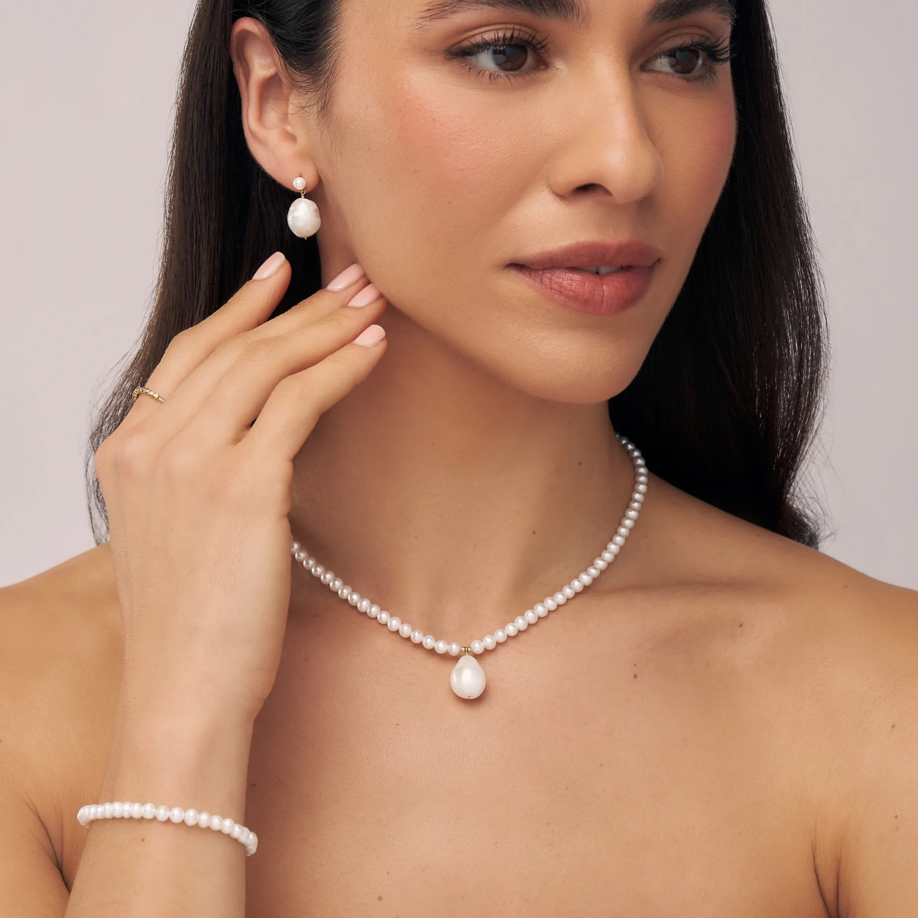 Gold Large Double Baroque Pearl Drop Stud Earrings - Image 4