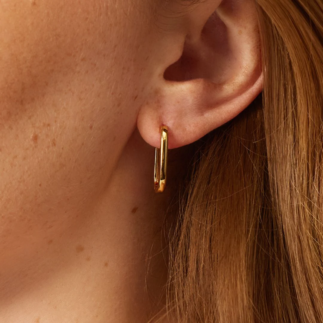 Gold Long Thin Plain Rectangle Hoop Earrings - Image 2