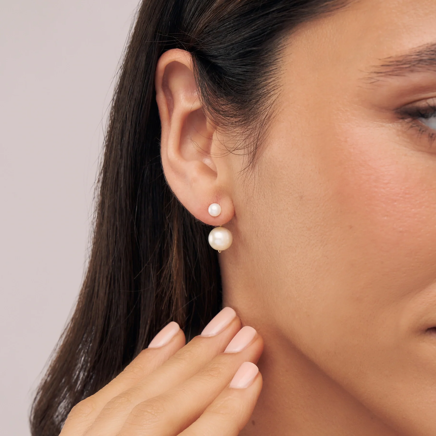 Gold Medium Double-Sided Pearl Drop Stud Earrings - Image 2