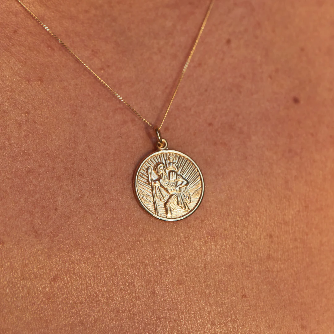 Solid Gold Medium Round St Christopher Necklace - Image 3