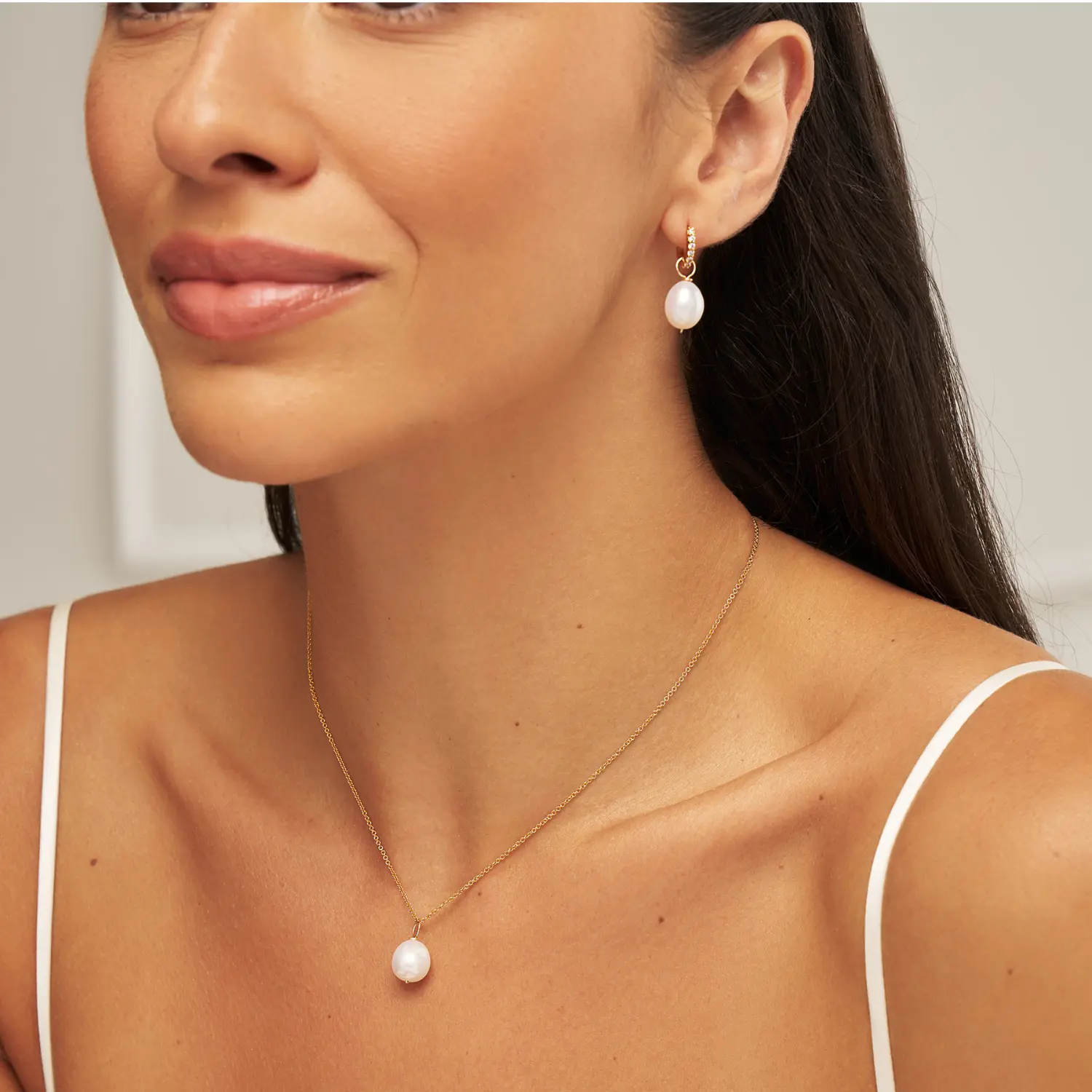 Gold Pearl Drop Huggies and Large Pearl Necklace Gift Set - Image 2
