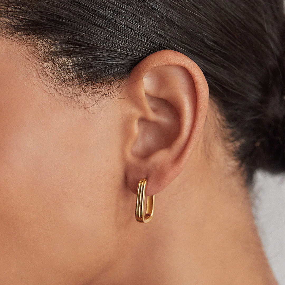 Gold Ribbed Pearl Drop Hoop Earrings - Image 3