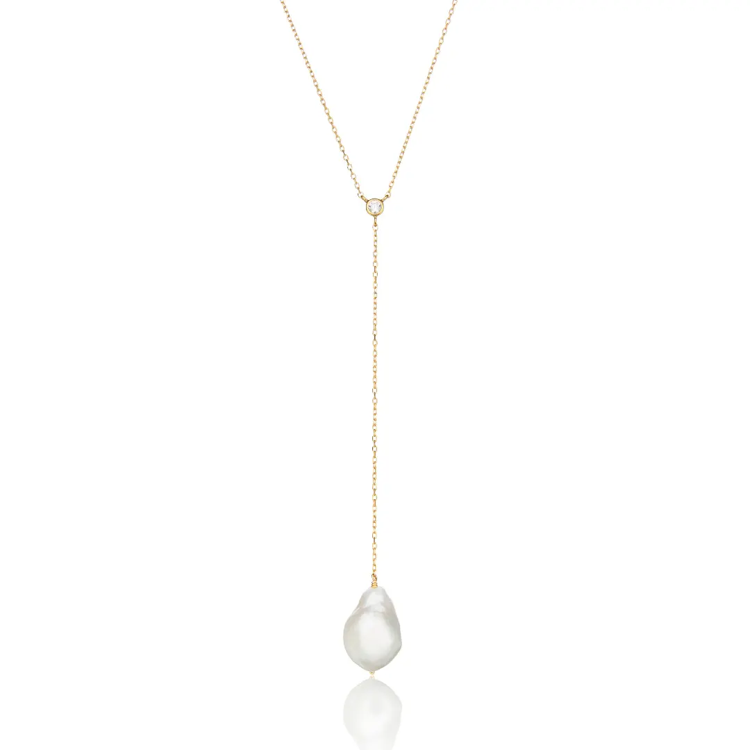 Gold Single Diamond Style Baroque Pearl Lariat Necklace