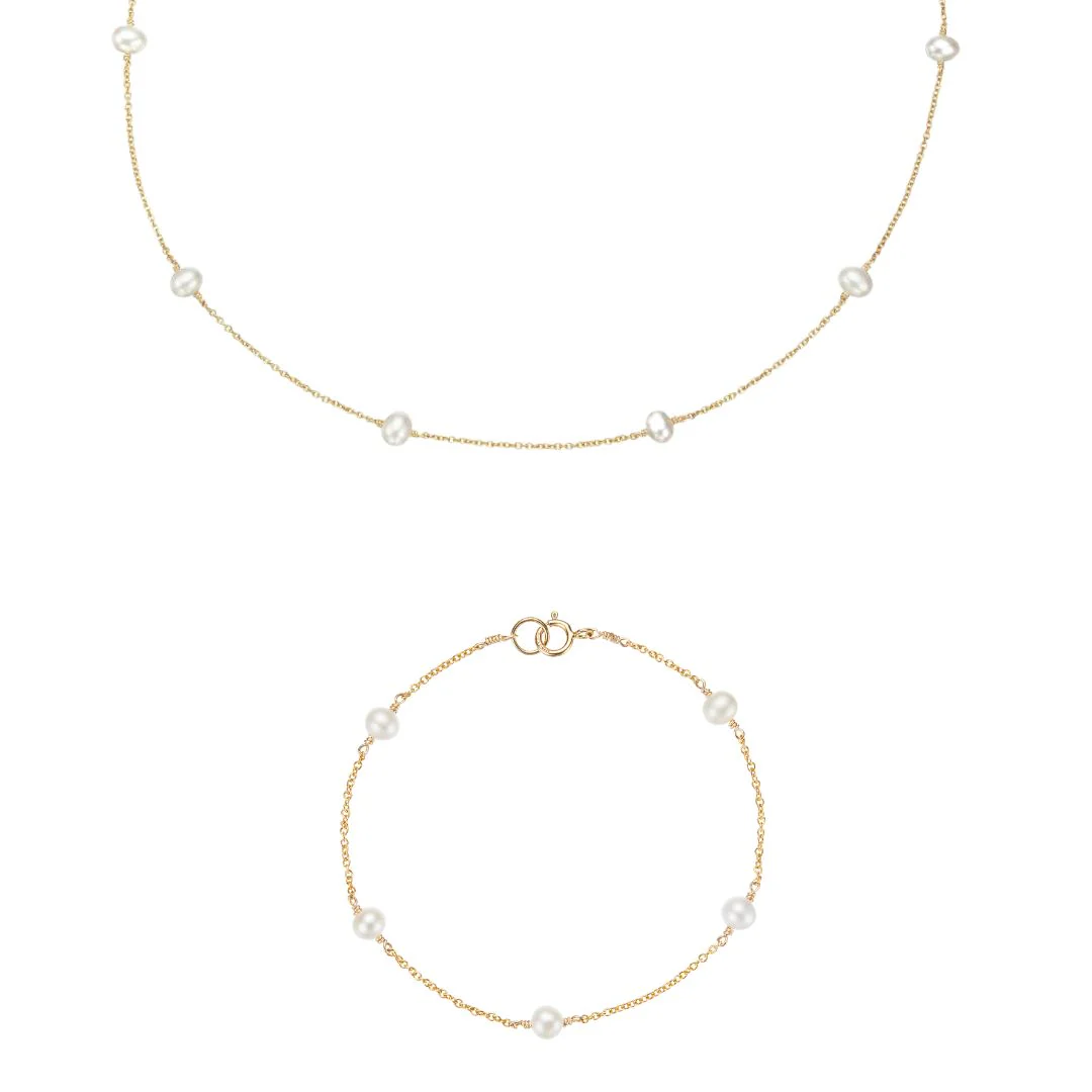 Gold Ten Pearl Choker and Five Pearl Bracelet Gift Set