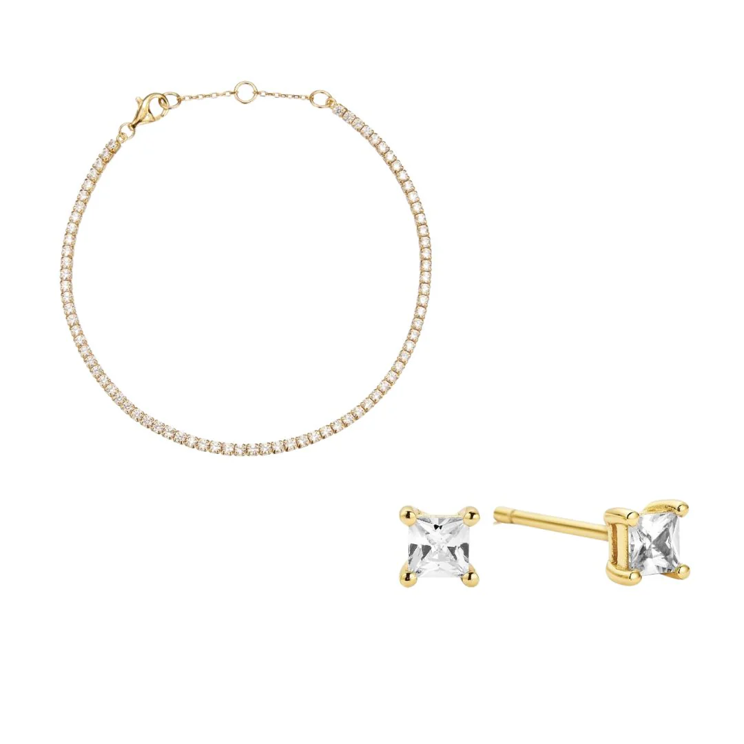 Gold Tennis Bracelet and Princess Diamond Style Stud Earrings Gift Set