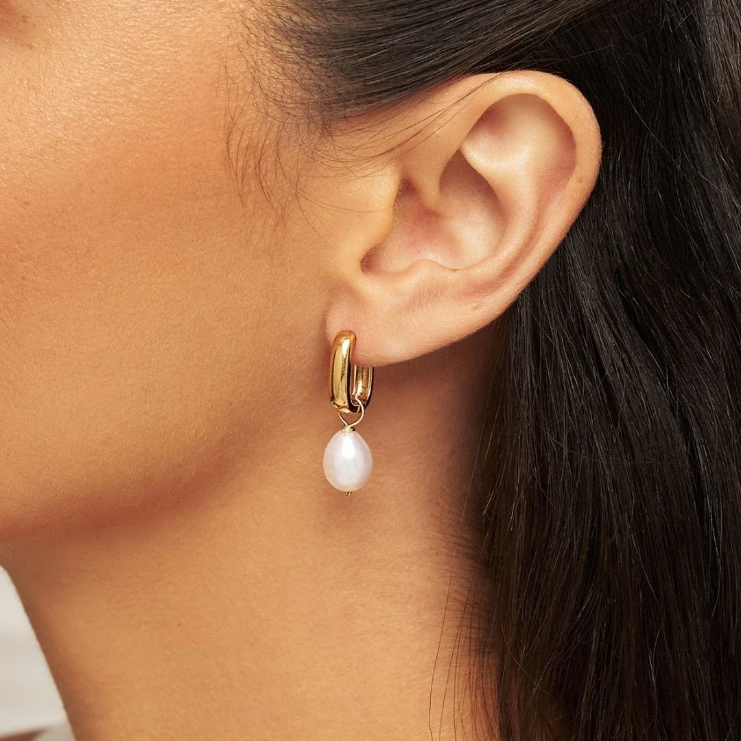 Gold Thick Squared Hoop Pearl Drop Earrings - Image 3