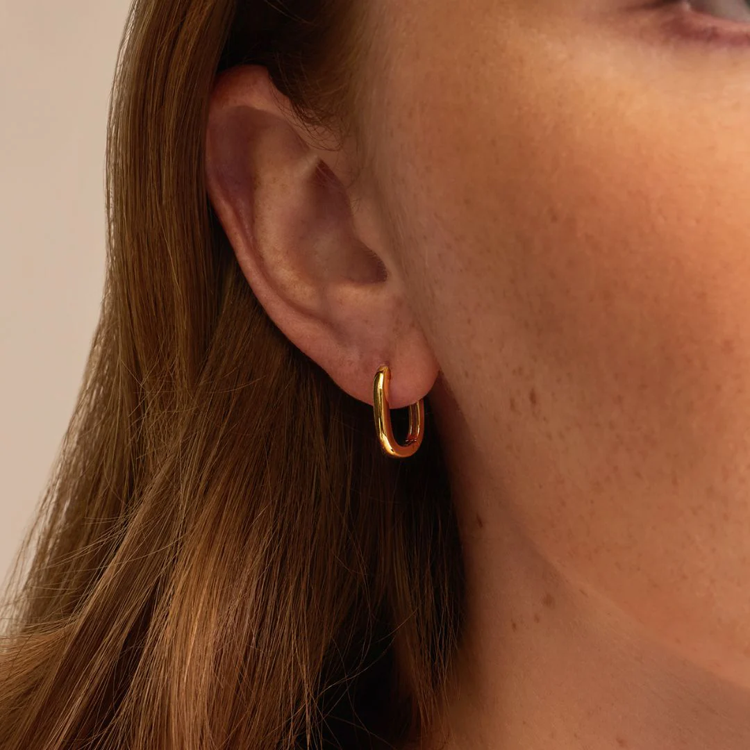 Gold Thin Plain Rectangle Hoop Earrings - Image 2