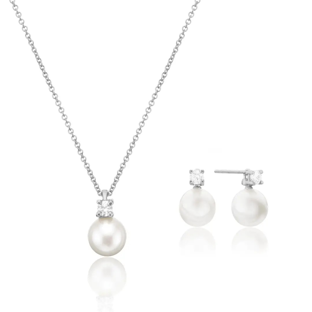 Silver Diamond Style and Pearl Stud Earrings and Necklace Gift Set
