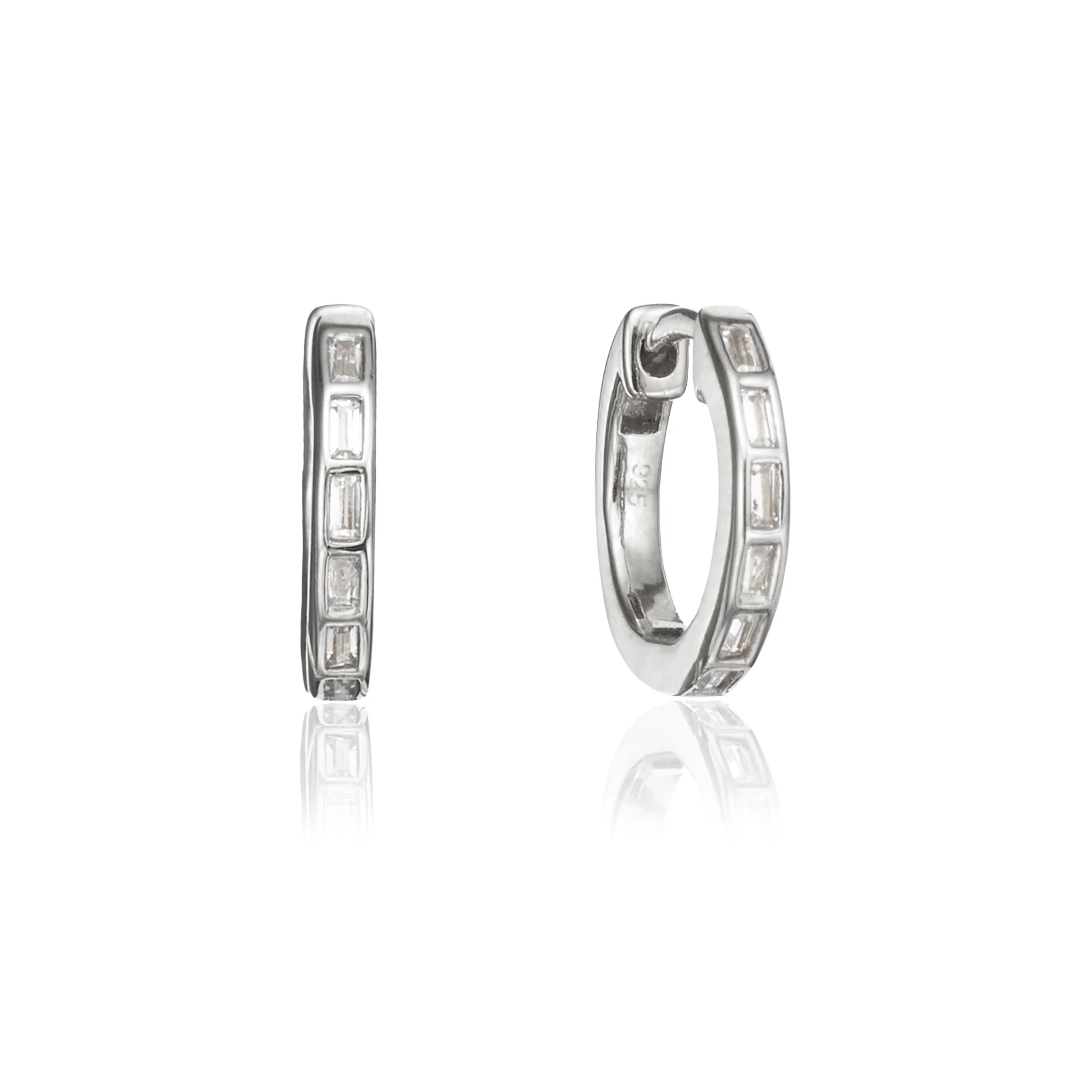 Silver Diamond Style Baguette Pearl Drop Hoop Earrings - Image 7