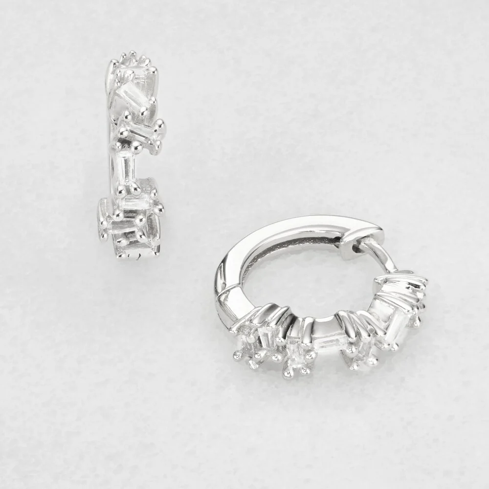 Silver Diamond Style Jagged Huggie Hoop Earrings - Image 4