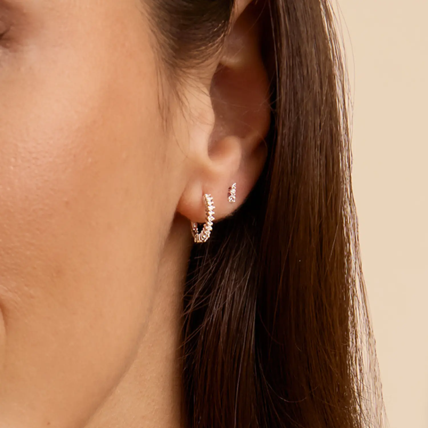 Silver Diamond Style Thin Huggie Hoop Earrings - Image 2
