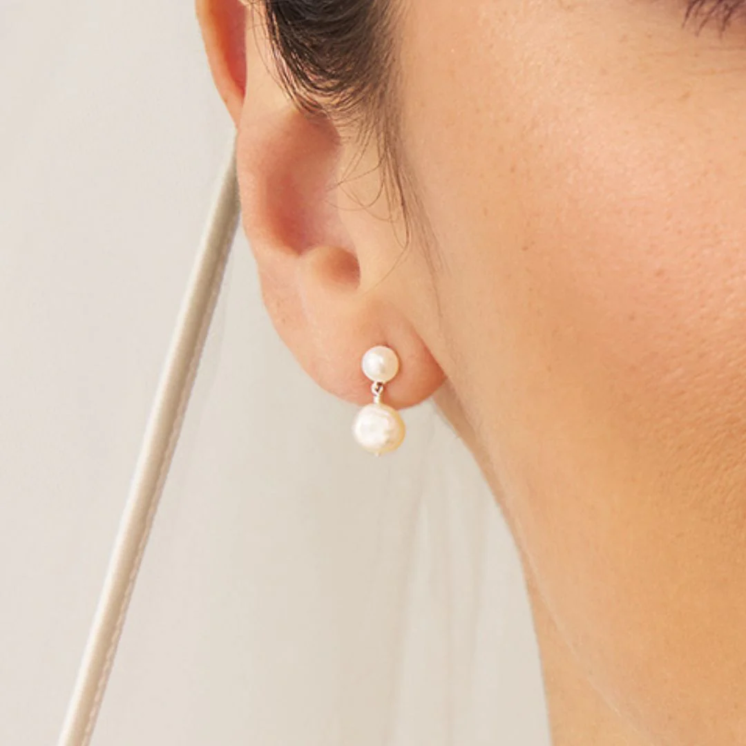 Silver Double Baroque Pearl Drop Stud Earrings - Image 2