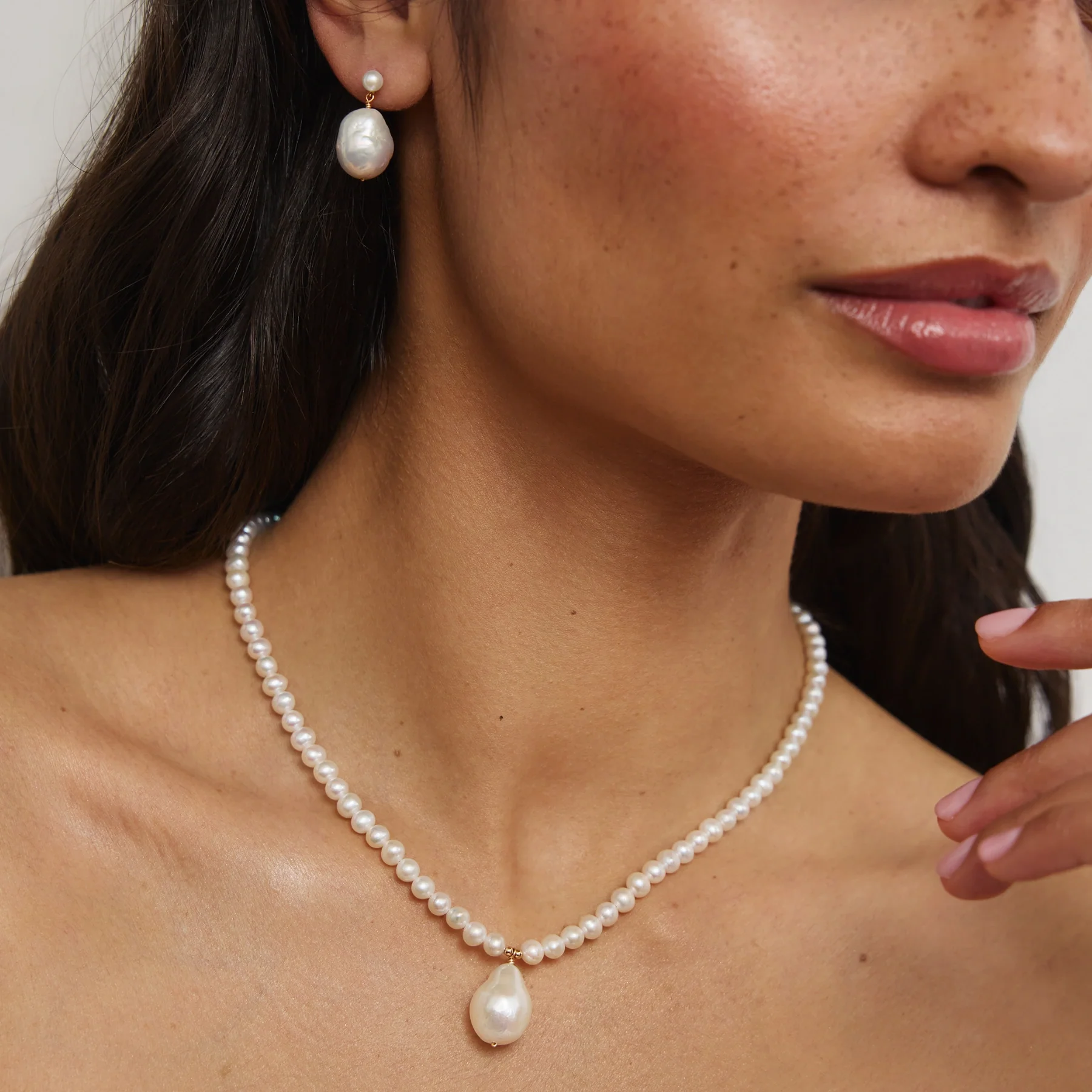 Silver Large Double Baroque Pearl Drop Stud Earrings - Image 4