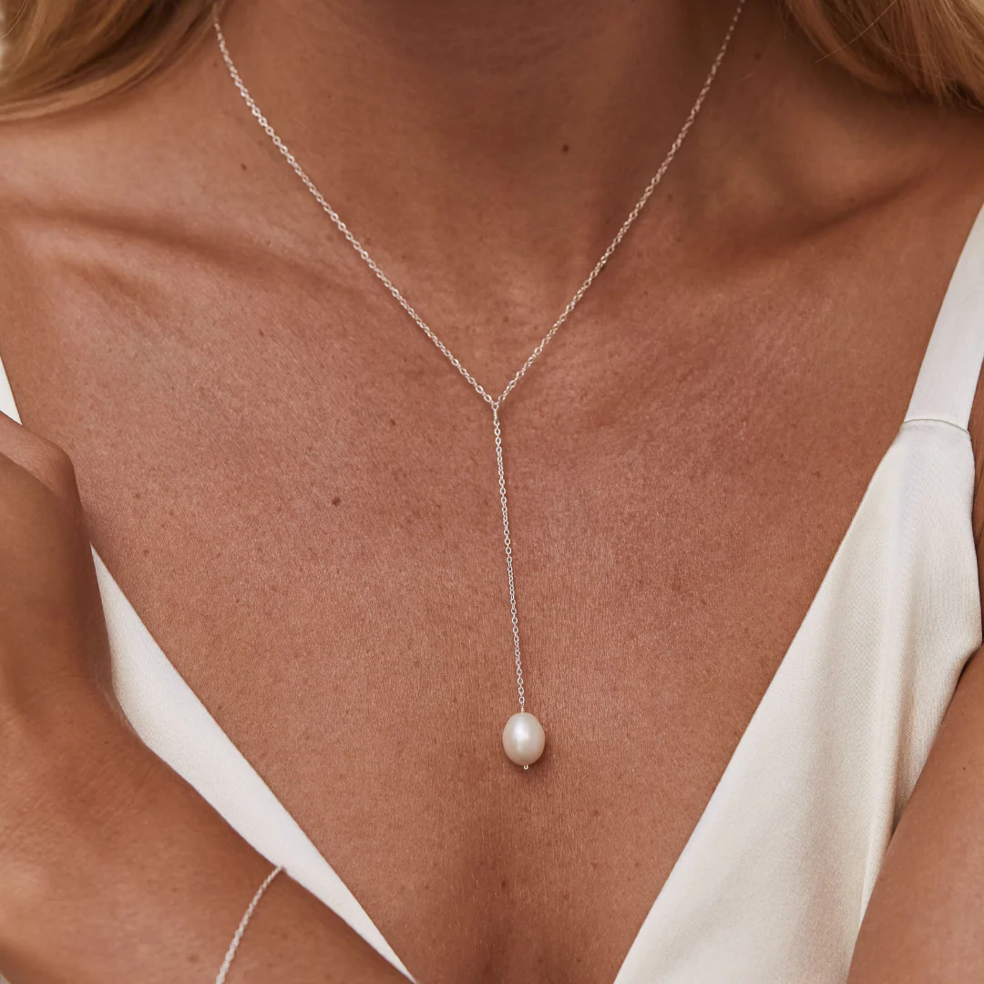 Silver Large Pearl Lariat Necklace - Image 3