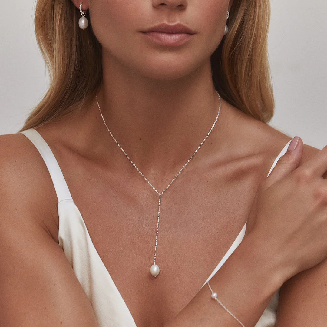 Silver Large Pearl Lariat Necklace - Image 4
