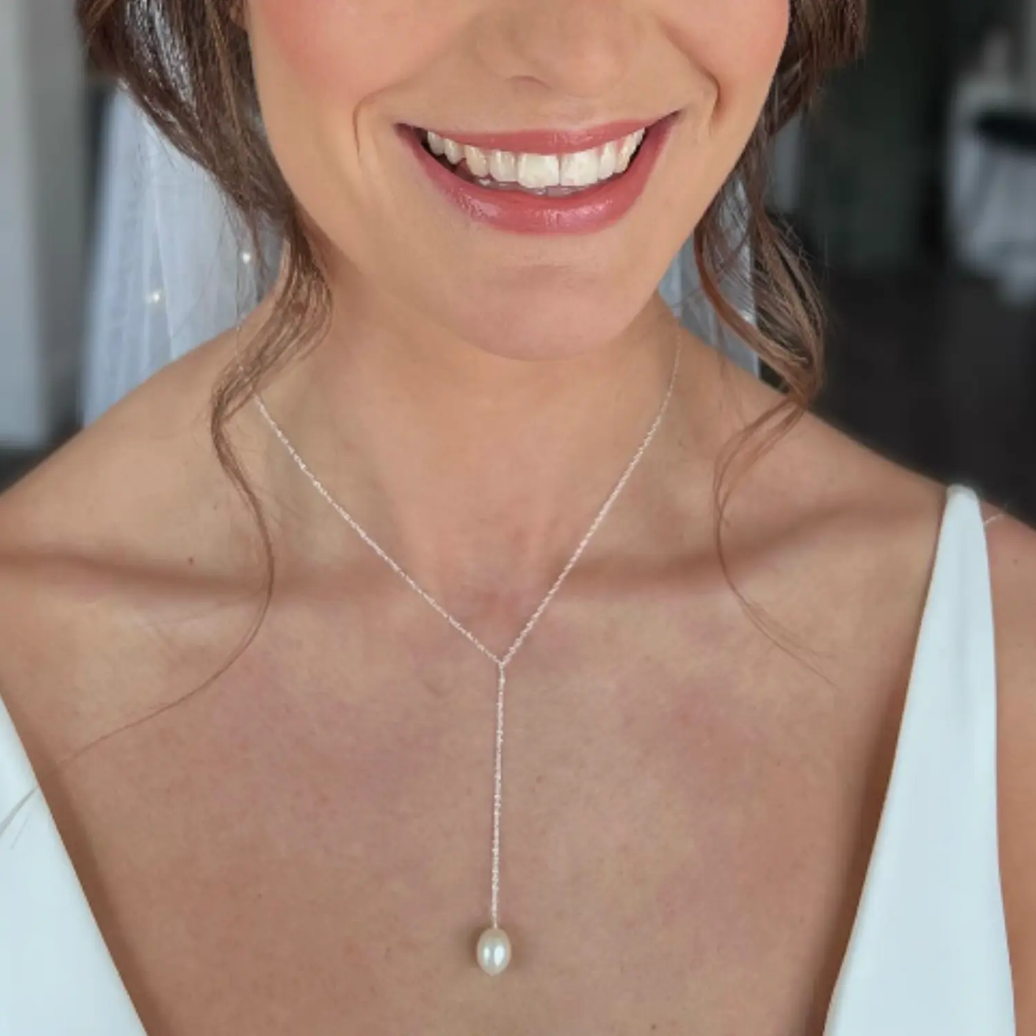 Silver Large Pearl Lariat Necklace - Image 7