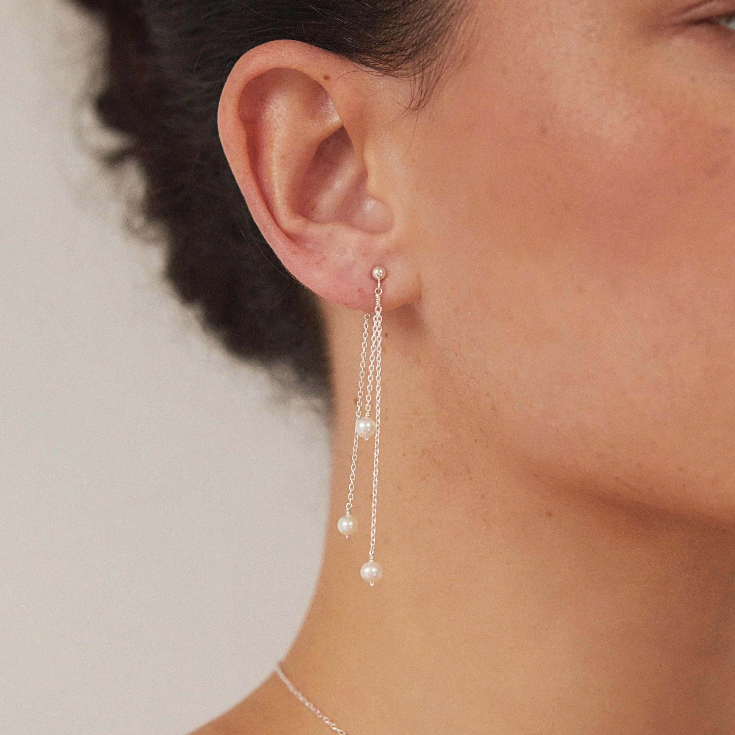 Silver Layered Pearl Drop Earrings - Image 2
