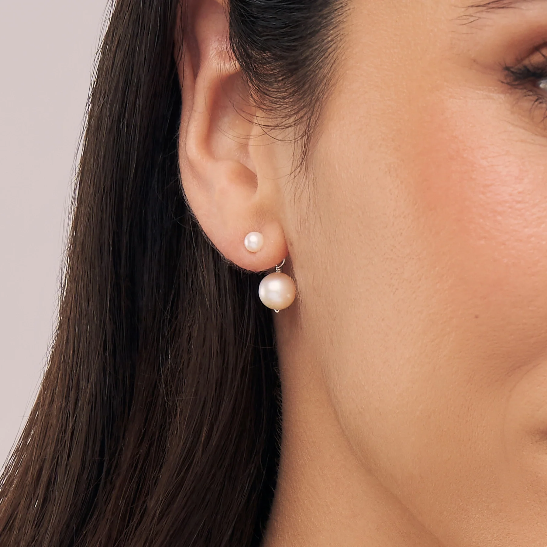 Silver Medium Double-Sided Pearl Drop Stud Earrings - Image 2