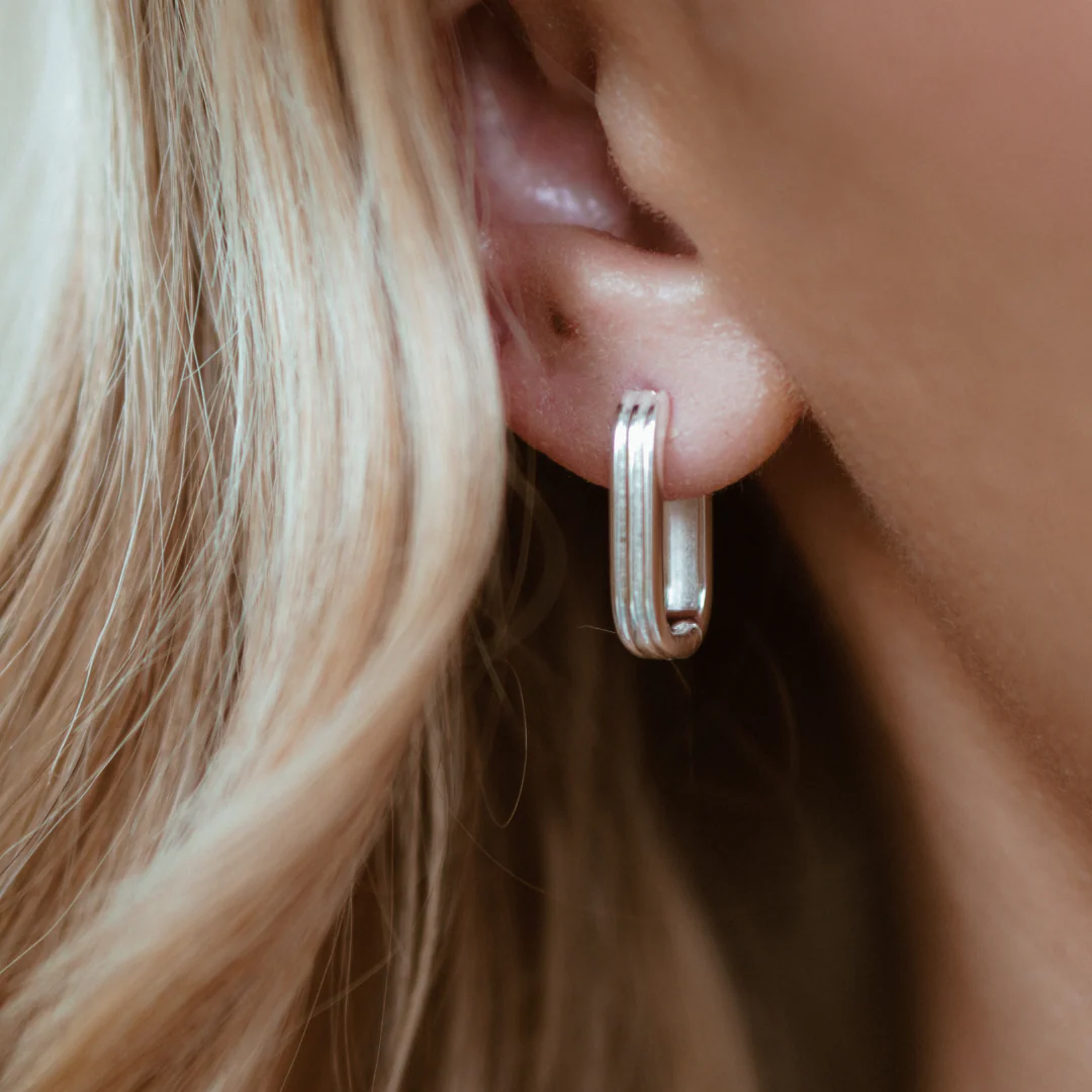 Silver Ribbed Pearl Drop Hoop Earrings - Image 3