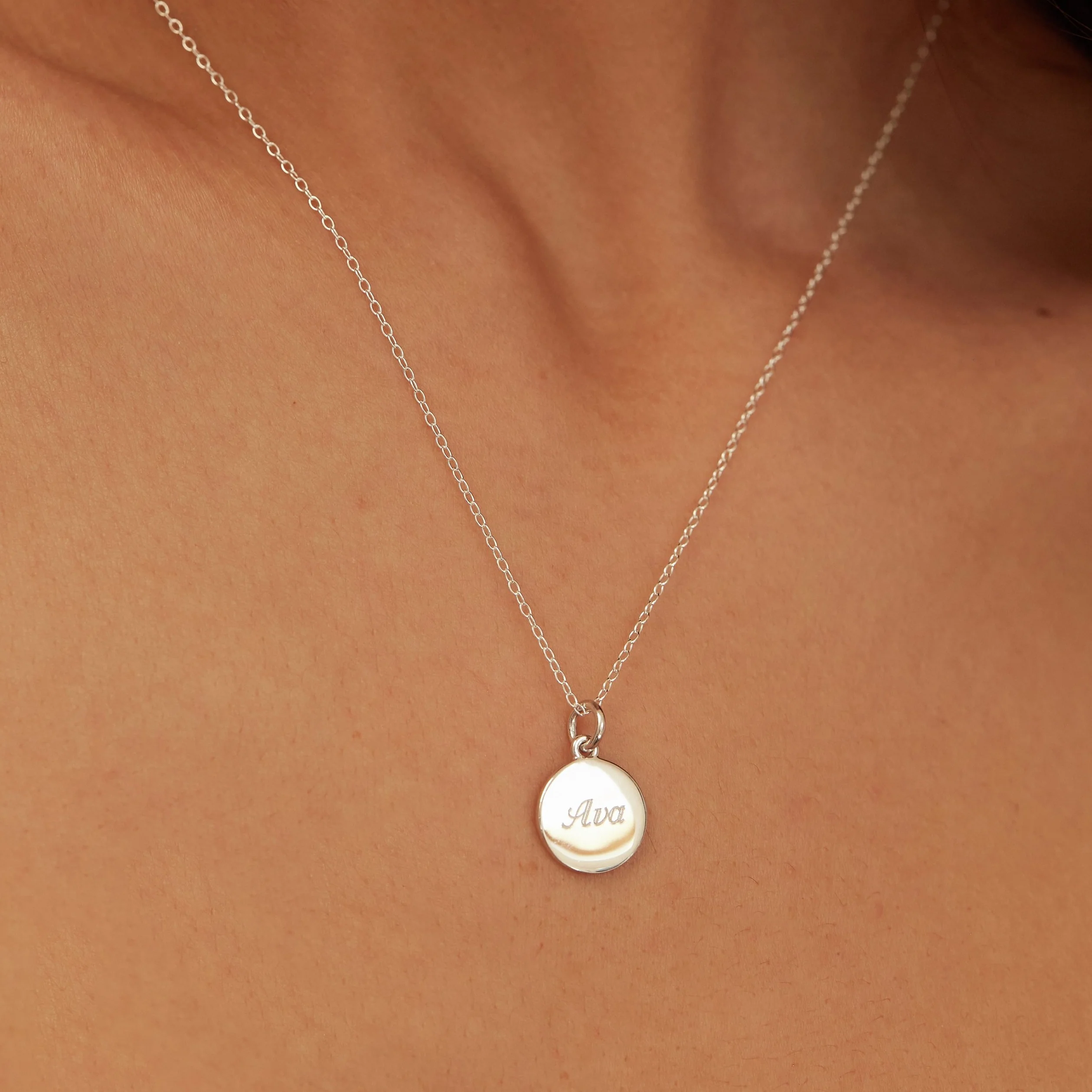 Silver Small Round Engraved Disc Necklace - Image 4