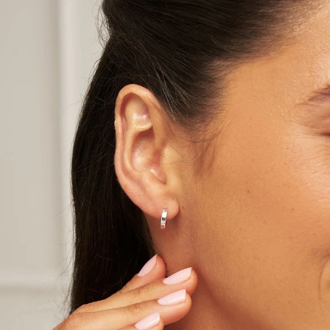 Silver Small Rounded Plain Huggie Hoop Earrings - Image 3