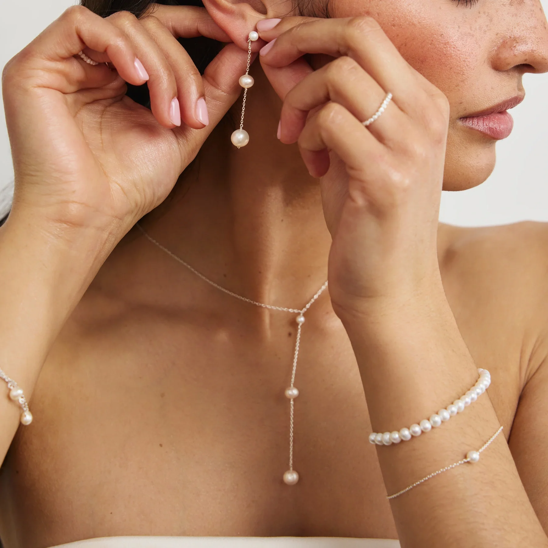 Silver Three Graduated Pearl Drop Earrings - Image 6