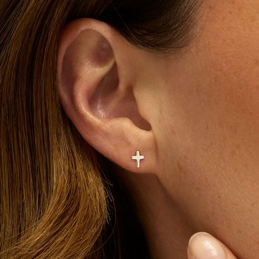 Silver Tiny Cross Stud Earrings - Image 2