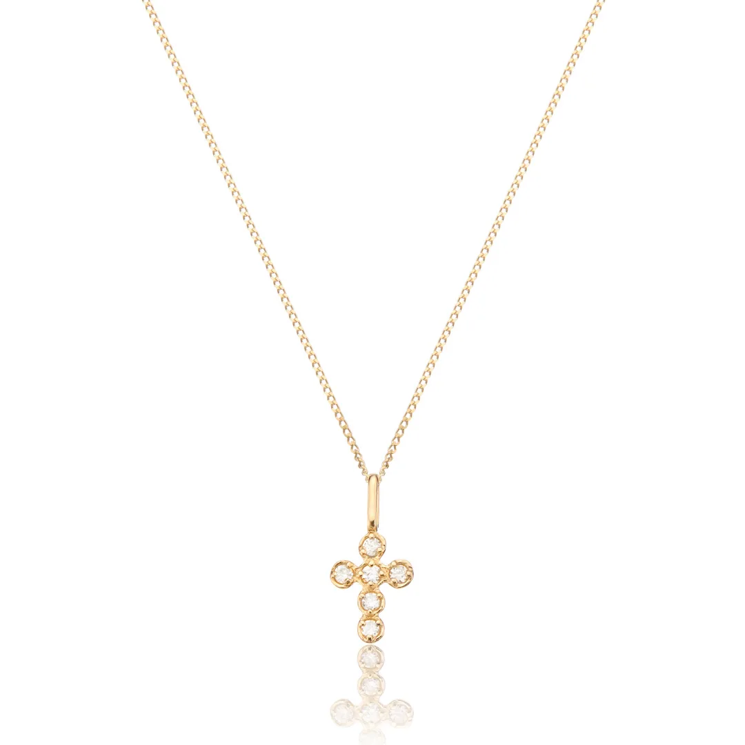 Solid Gold Genuine Diamond Rounded Tiny Cross Necklace