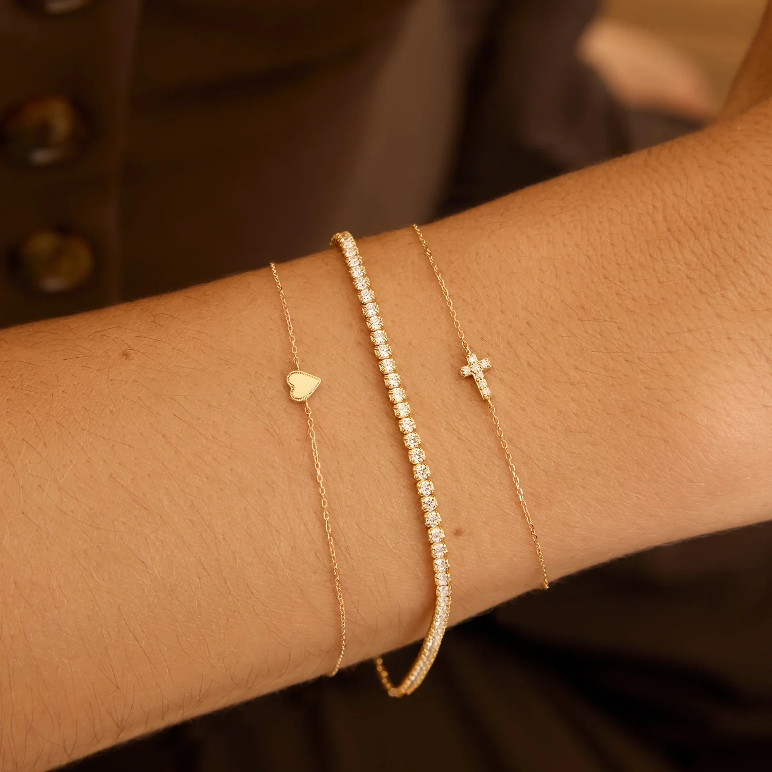 Solid Gold Genuine Diamond Tiny Cross Bracelet - Image 2