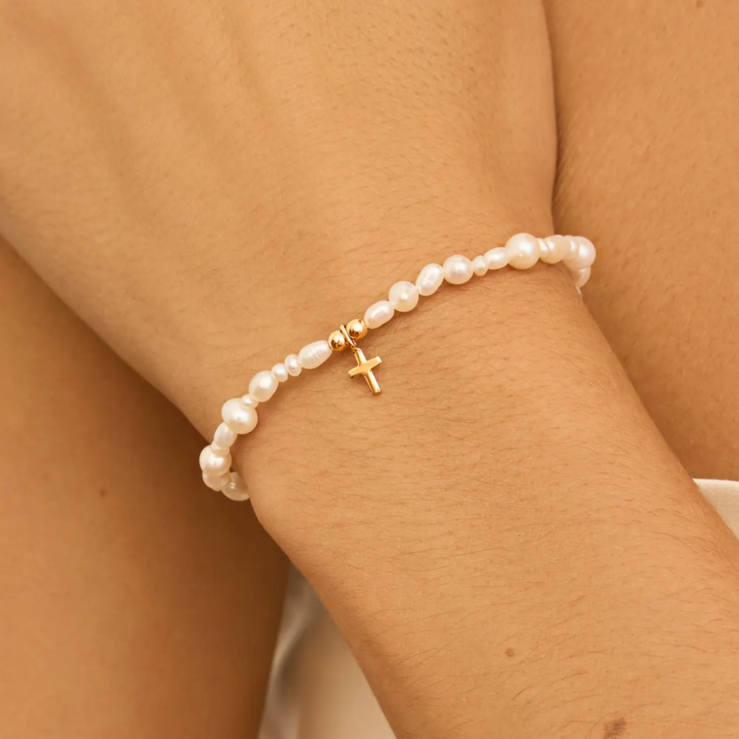 Solid Gold Pearl Tiny Cross Bracelet - Image 2
