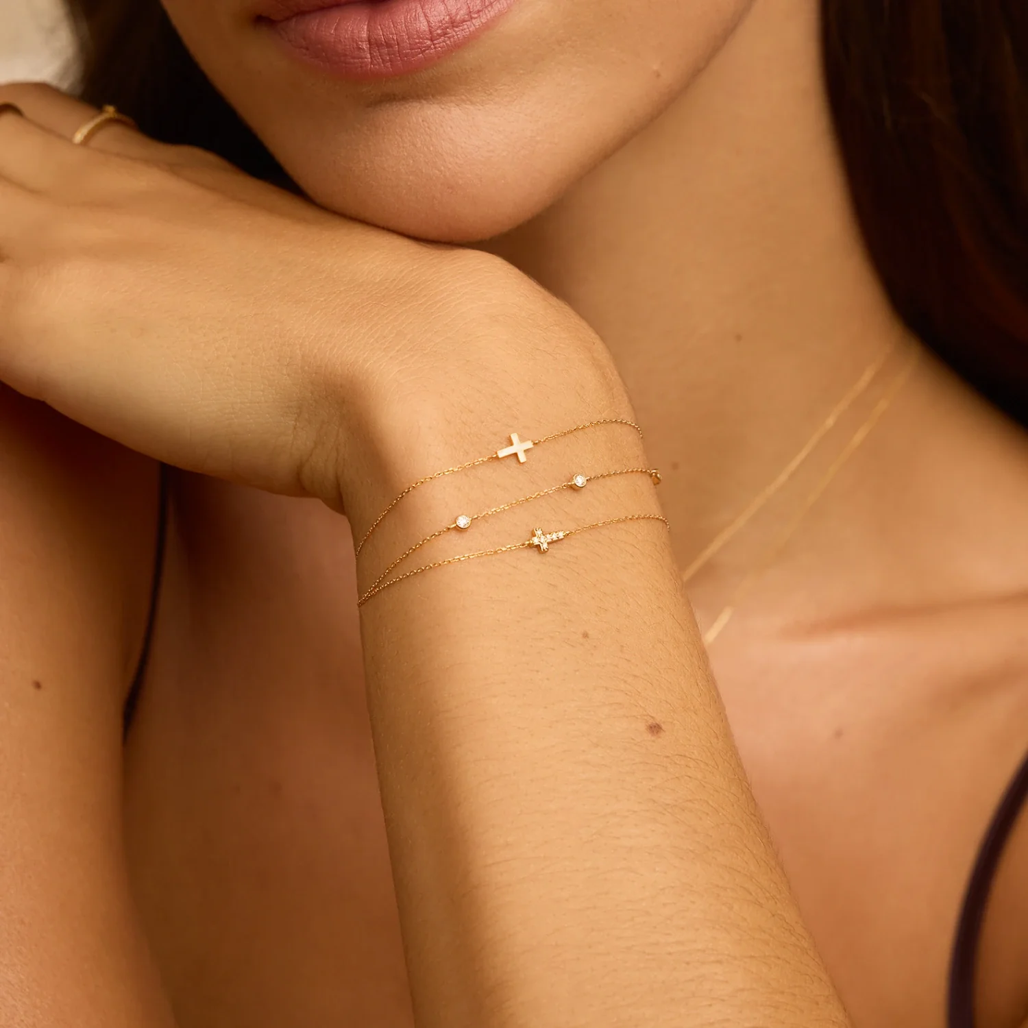 Solid Gold Genuine Diamond Tiny Cross Bracelet - Image 4
