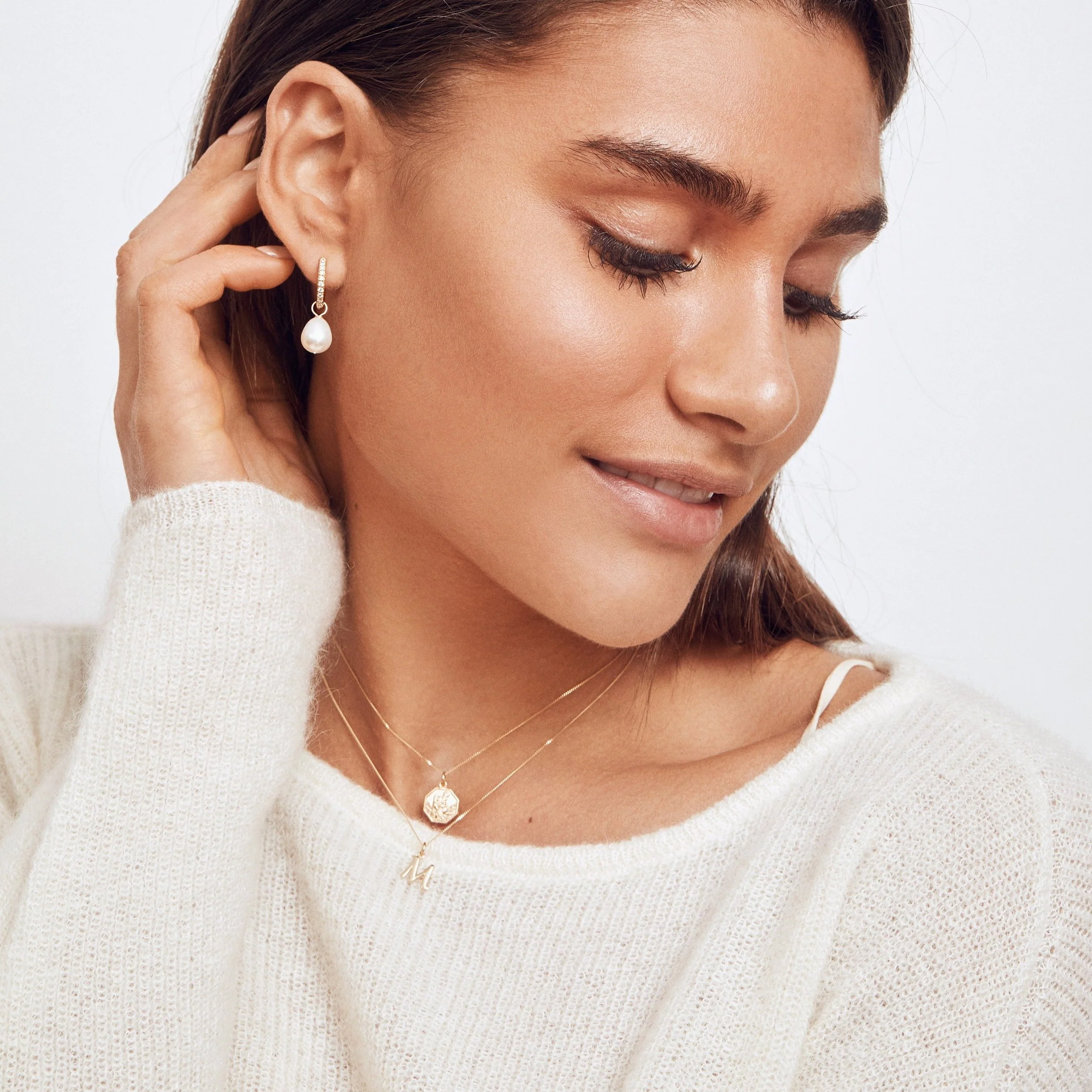 Solid White Gold Curve Initial Letter Necklace - Image 11