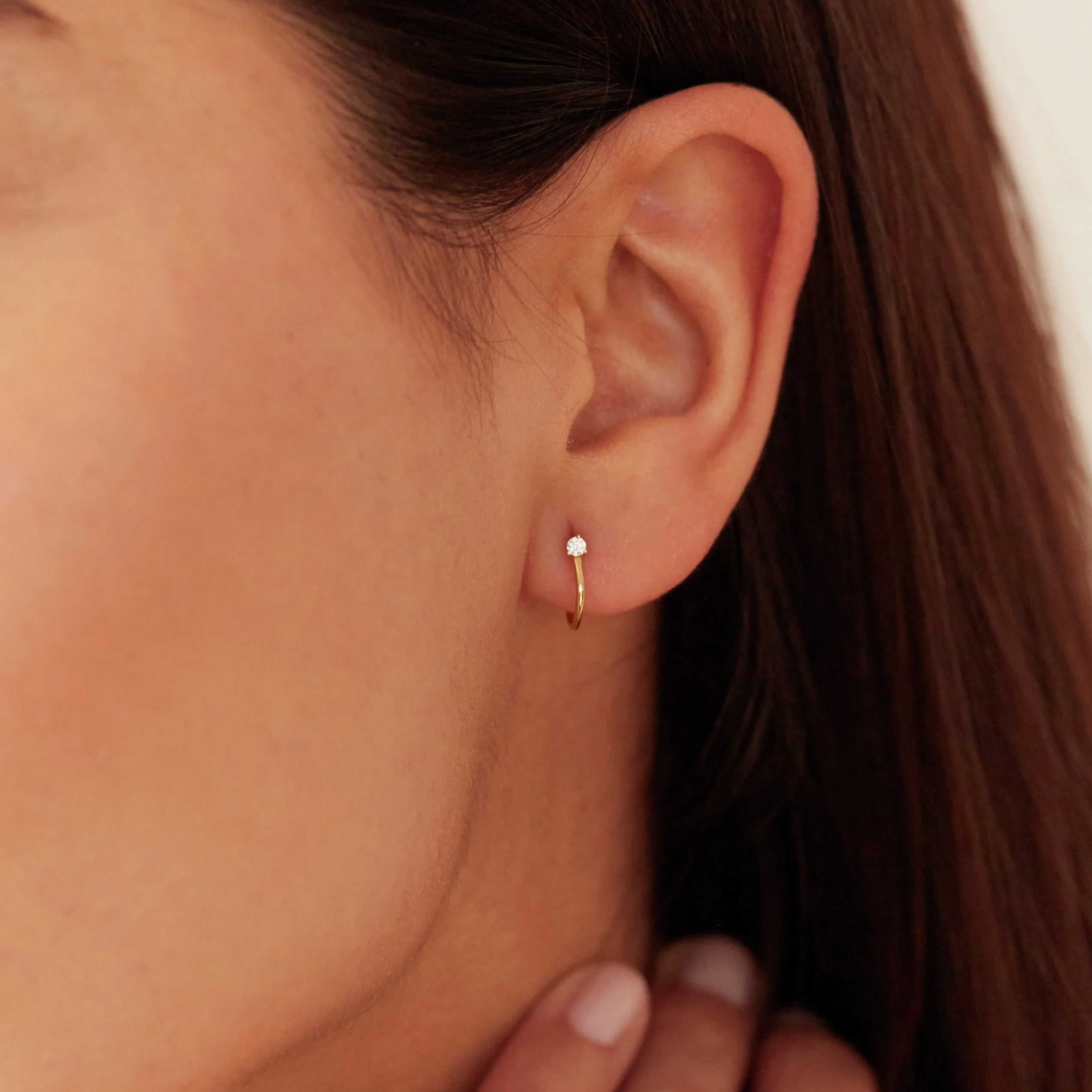 Solid White Gold Genuine Diamond Lobe Hoop Stud Earrings - Image 6
