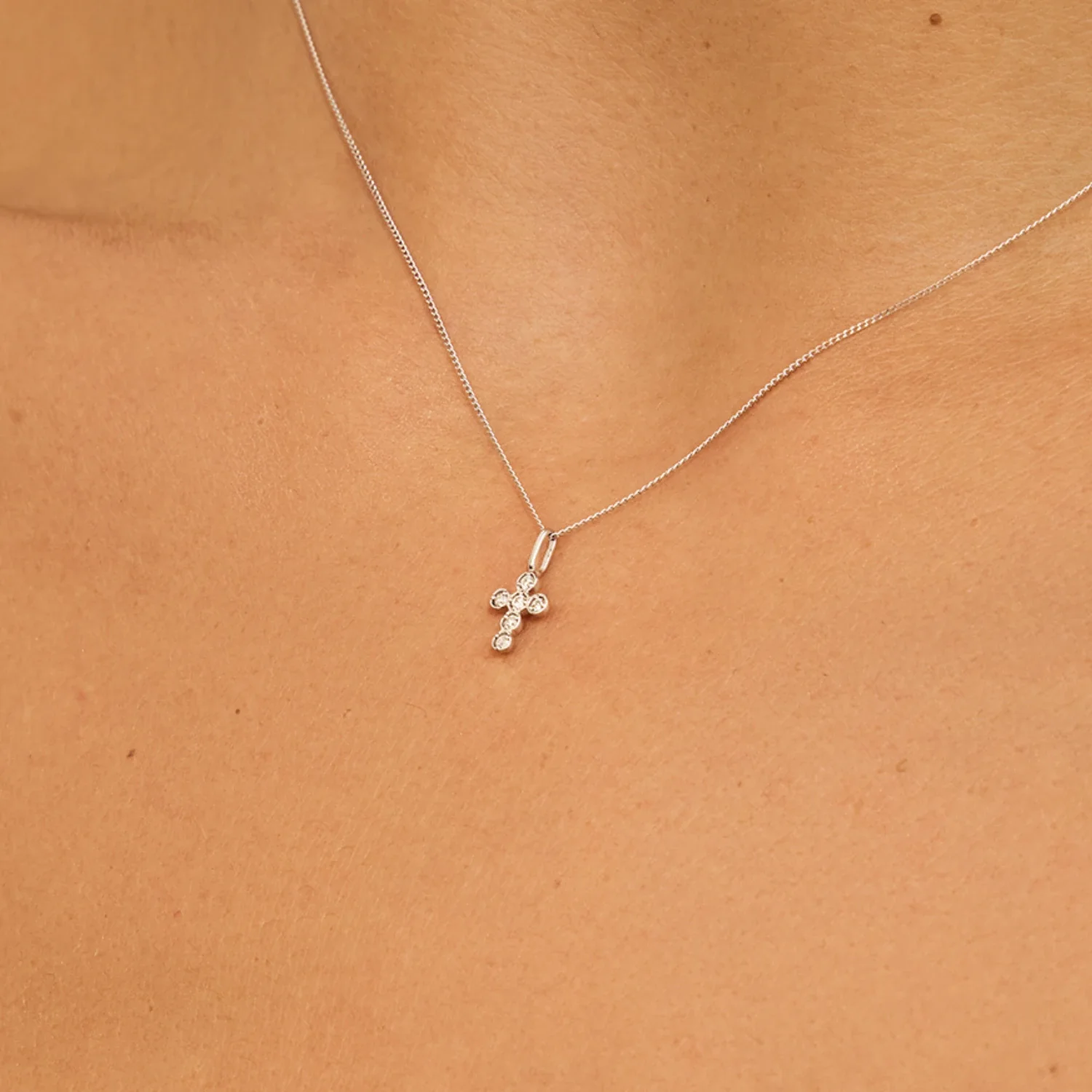 Solid White Gold Genuine Diamond Rounded Tiny Cross Necklace - Image 2