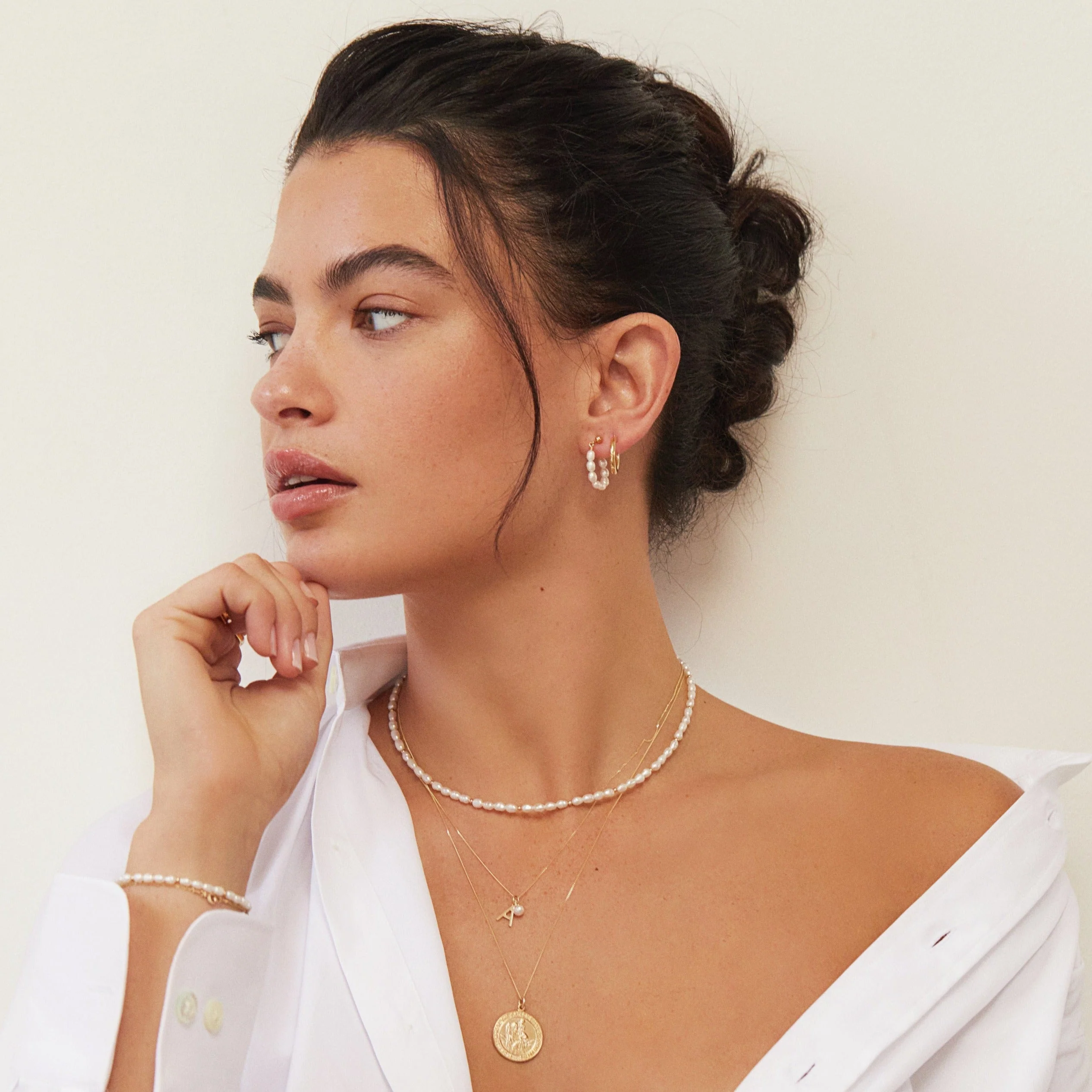 Solid White Gold Initial and Pearl Drop Necklace - Image 5