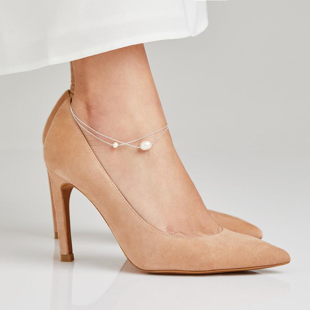Solid White Gold Layered Large and Small Pearl Anklet - Image 2