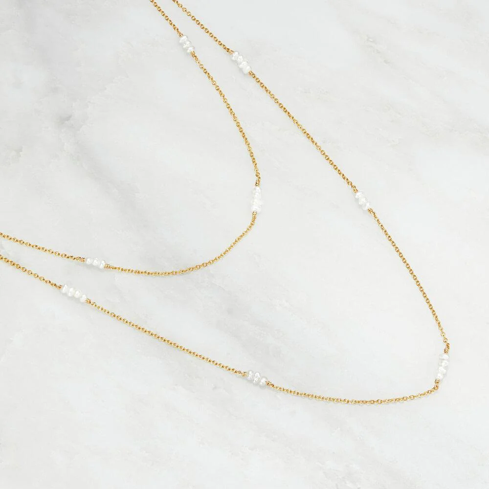 Solid White Gold Layered Mini Pearl Necklace - Image 3