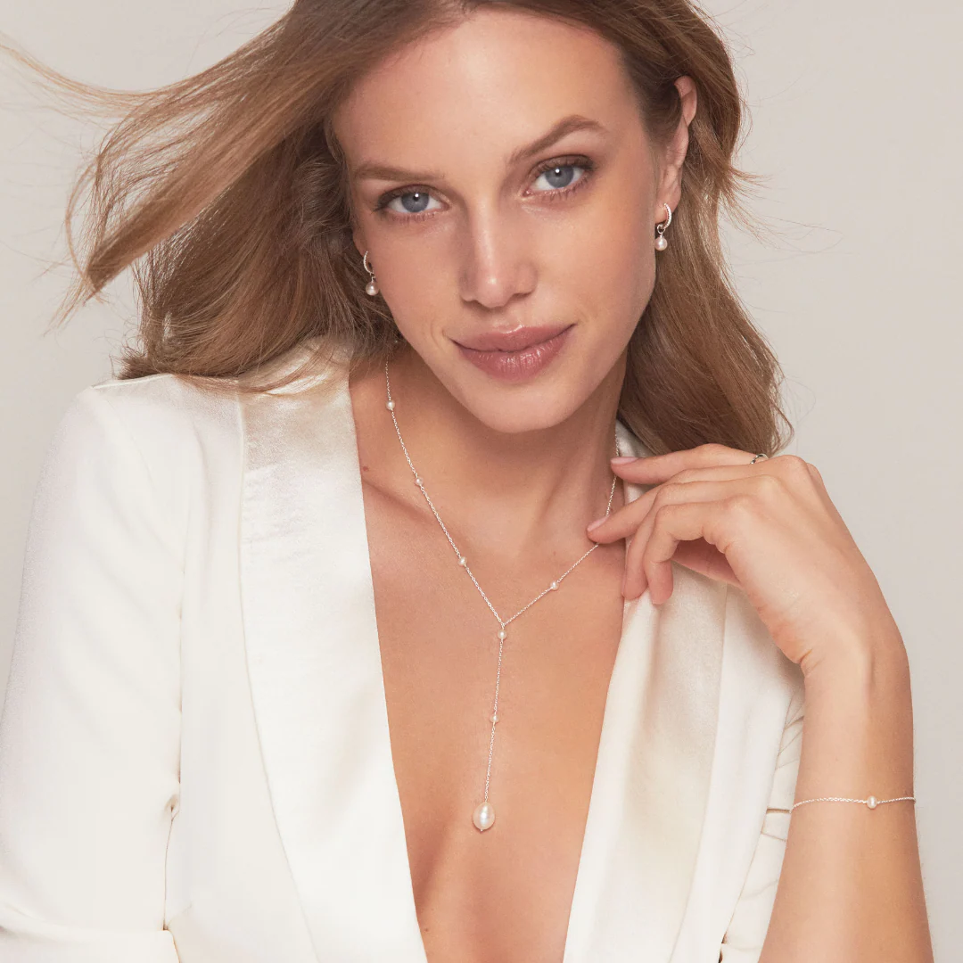 Solid White Gold Multi Pearl Lariat Necklace - Image 3